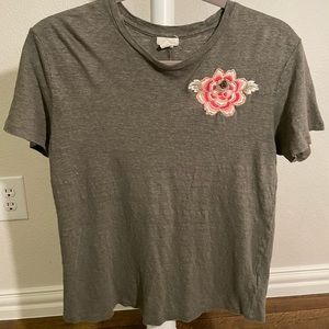 Anthro TINY Beaded Embroidered Flower Linen Tee Olive Green Medium